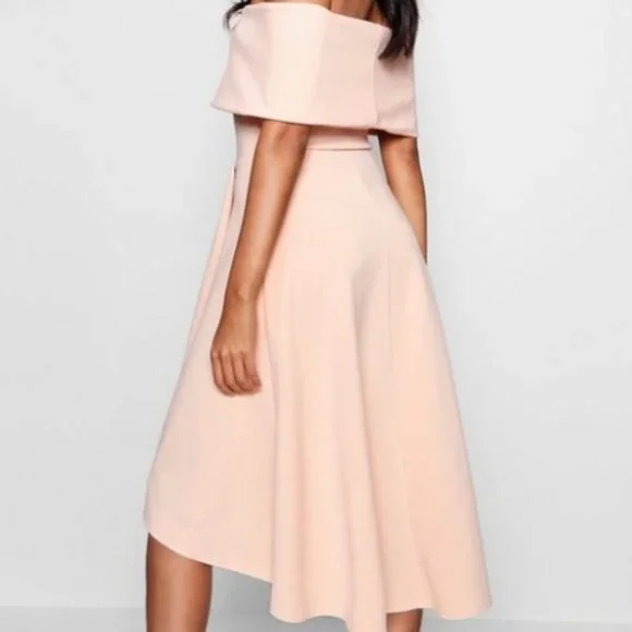 Blush off shoulder skater dress